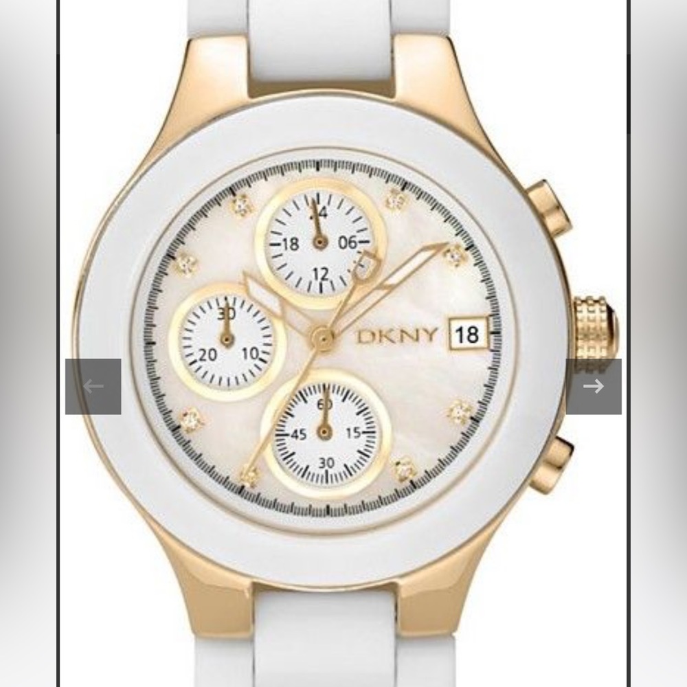 White Ceramic Gold Tone Accent Chronograph Watch. DKNY 8081